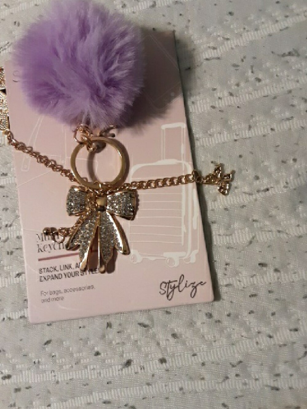 Silk And Sage Lavender Pom-Pom Keychain with Gold Butterfly and Bow Charms - Picture 7 of 9